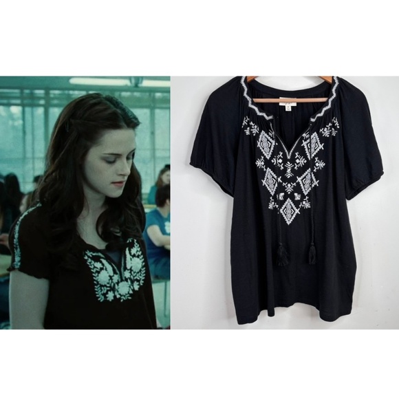 Embroidered Peasant Top Alt ASO Bella Swan Cafeteria Twilightcore Black Y2K 0X - Picture 1 of 10